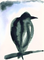 start watercolour of a crow in a tree, painted in paynes grey, indigo, ultramarine and cerulean blue