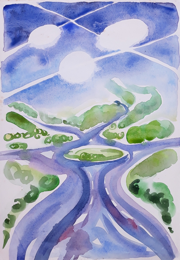 Roundabout A61-A658 watercolour painting by Jo Dunn 2019